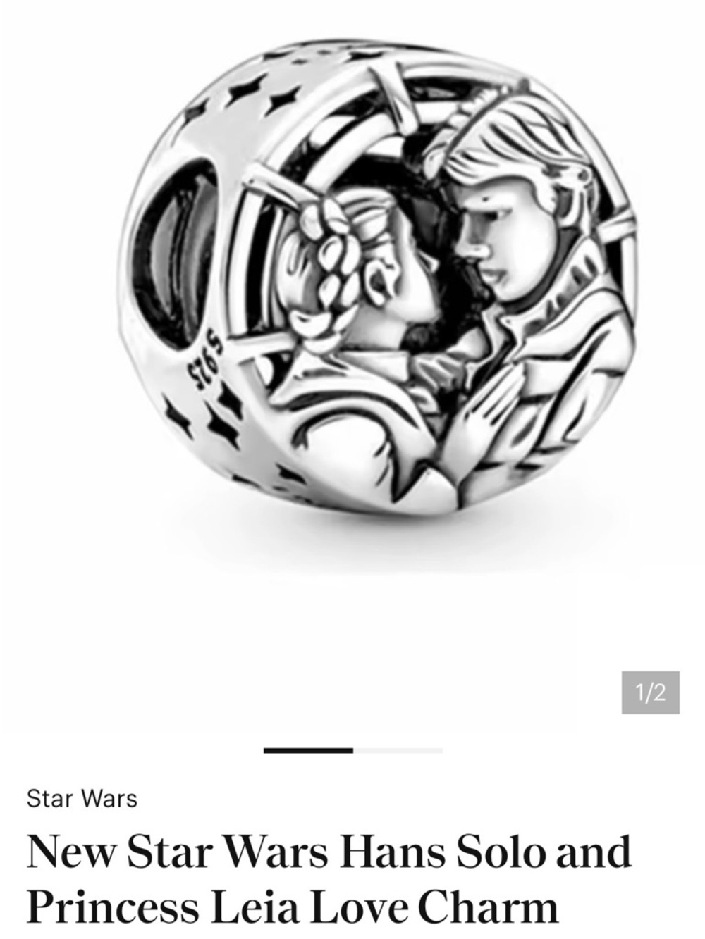 Pandora Silver Hans Solo and Princess Leia Love Charm